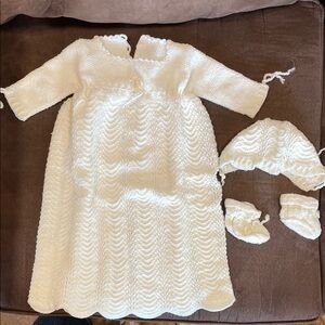 White/cream Hand-Knit Baby Christening Gown with Bonnet and Booties
